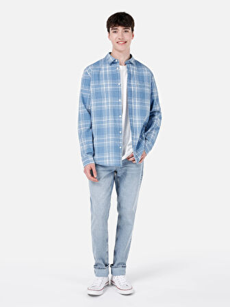 Regular Fit Shirt Yaka Kareli Mavi Erkek Uzun Kol Gömlek