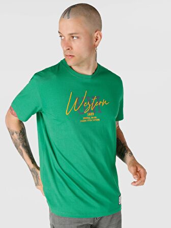 Regular Fit Bisiklet Yaka Baskılı Yeşil Erkek Kısa Kol Tişört
