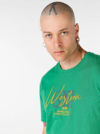 Regular Fit Bisiklet Yaka Baskılı Yeşil Erkek Kısa Kol Tişört