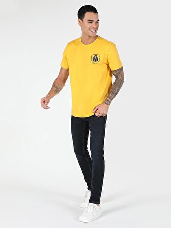 Regular Fit Bisiklet Yaka Baskılı Sarı Erkek Kısa Kol Tişört