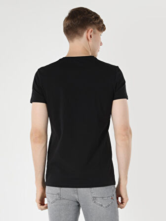 Slim Fit Bisiklet Yaka Baskılı Siyah Erkek Kısa Kol Tişört