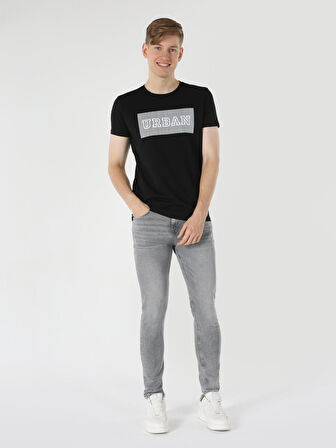 Slim Fit Bisiklet Yaka Baskılı Siyah Erkek Kısa Kol Tişört