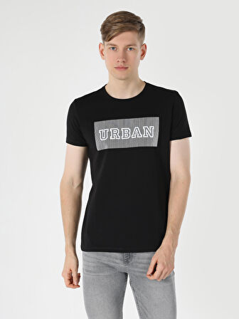 Slim Fit Bisiklet Yaka Baskılı Siyah Erkek Kısa Kol Tişört