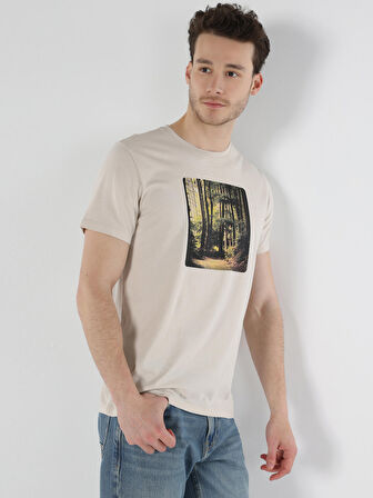 Regular Fit Baskılı Bej Erkek Kısa Kol Tişört