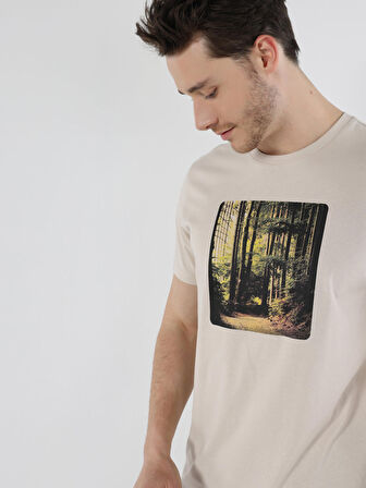 Regular Fit Baskılı Bej Erkek Kısa Kol Tişört