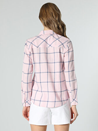 Slim Fit Çizgili Pembe Kadın Uzun Kol Gömlek