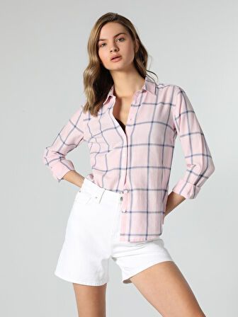Slim Fit Çizgili Pembe Kadın Uzun Kol Gömlek