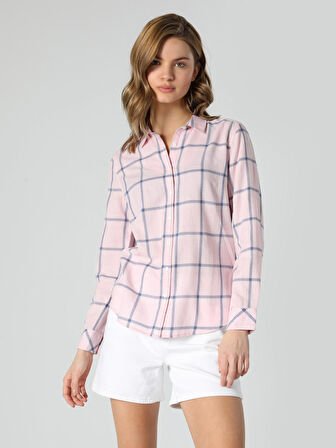 Slim Fit Çizgili Pembe Kadın Uzun Kol Gömlek