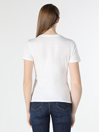 Slim Fit Yazı Baskılı Beyaz Kadın Kısa Kol Tişört