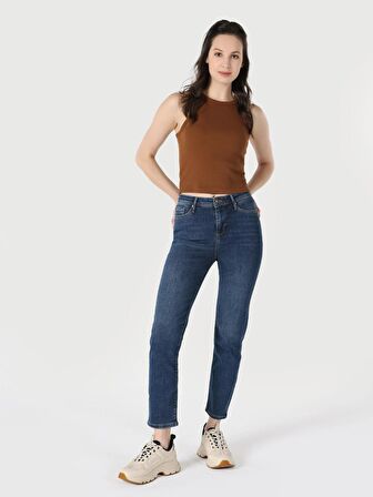 703 Carla Orta Bel Dar Kesim Düz Paça Mavi Kadın Pantolon Cl1062186