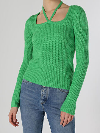 Regular Fit Açık Yaka Yeşil Kadın Triko Kazak