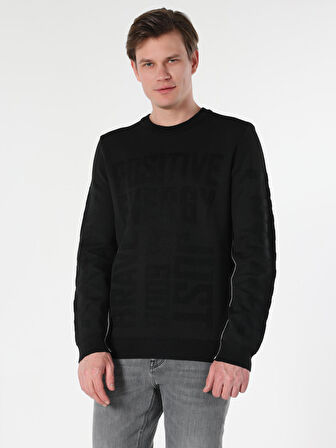 Regular Fit Bisiklet Yaka Yazı Baskılı Siyah Erkek Kazak