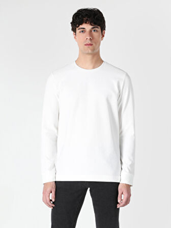 Regular Fit Bisiklet Yaka Basic Beyaz Erkek Uzun Kol Tişört