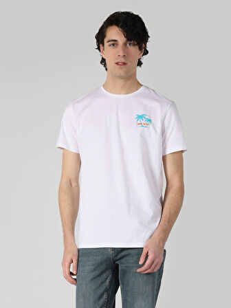 Regular Fit Bisiklet Yaka Baskılı Beyaz Erkek Kısa Kol Tişört