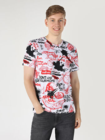 Regular Fit Baskılı Beyaz Erkek Kısa Kol Tişört