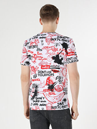 Regular Fit Baskılı Beyaz Erkek Kısa Kol Tişört