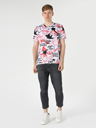 Regular Fit Baskılı Beyaz Erkek Kısa Kol Tişört