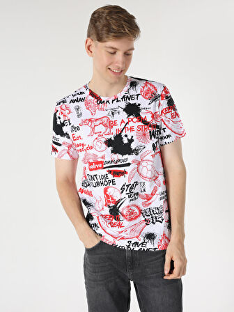 Regular Fit Baskılı Beyaz Erkek Kısa Kol Tişört