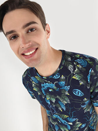 Regular Fit Bisiklet Yaka Baskılı Yeşil Erkek Kısa Kol Tişört