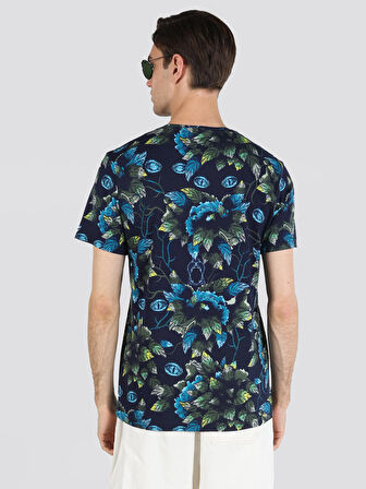 Regular Fit Bisiklet Yaka Baskılı Yeşil Erkek Kısa Kol Tişört