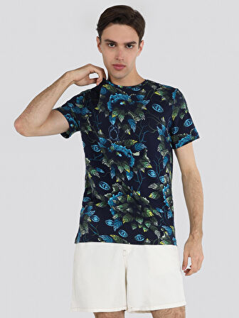 Regular Fit Bisiklet Yaka Baskılı Yeşil Erkek Kısa Kol Tişört