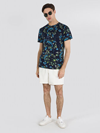 Regular Fit Bisiklet Yaka Baskılı Yeşil Erkek Kısa Kol Tişört