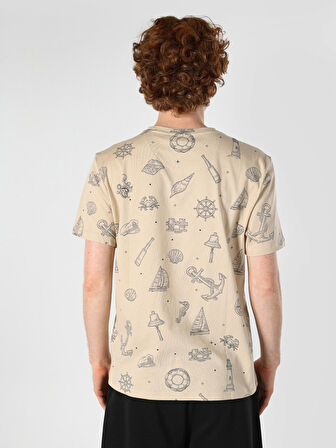 Regular Fit Bisiklet Yaka Baskılı Bej Erkek Kısa Kol Tişört