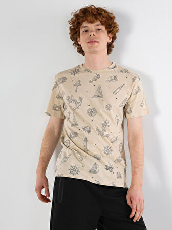 Regular Fit Bisiklet Yaka Baskılı Bej Erkek Kısa Kol Tişört