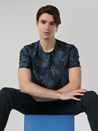 Regular Fit Bisiklet Yaka Baskılı Lacivert Erkek Kısa Kol Tişört