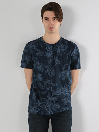 Regular Fit Bisiklet Yaka Baskılı Lacivert Erkek Kısa Kol Tişört