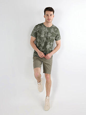 Regular Fit Bisiklet Yaka Baskılı Yeşil Erkek Kısa Kol Tişört