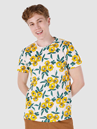 Regular Fit Bisiklet Yaka Baskılı Beyaz Erkek Kısa Kol Tişört