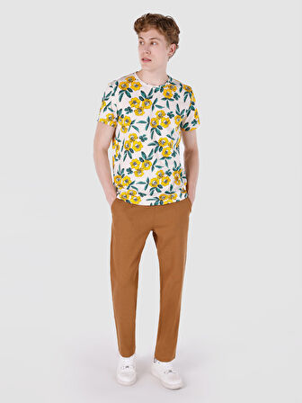 Regular Fit Bisiklet Yaka Baskılı Beyaz Erkek Kısa Kol Tişört