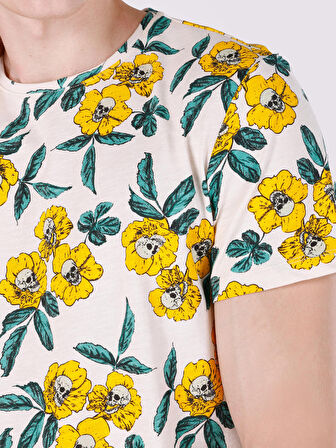 Regular Fit Bisiklet Yaka Baskılı Beyaz Erkek Kısa Kol Tişört