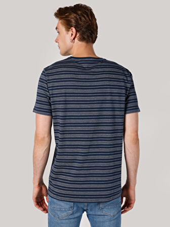 Regular Fit Bisiklet Yaka Çizgili Lacivert Erkek Kısa Kol Tişört