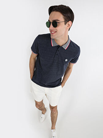 Regular Fit Çizgili Lacivert Erkek Polo Yaka Kısa Kol Tişört
