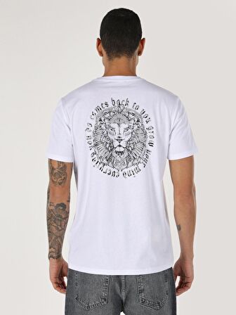 Regular Fit Bisiklet Yaka Baskılı Beyaz Erkek Kısa Kol Tişört