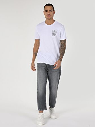 Regular Fit Bisiklet Yaka Baskılı Beyaz Erkek Kısa Kol Tişört