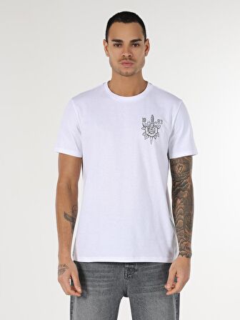 Regular Fit Bisiklet Yaka Baskılı Beyaz Erkek Kısa Kol Tişört