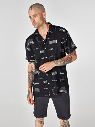 Regular Fit Baskılı Siyah Erkek Kısa Kol Gömlek