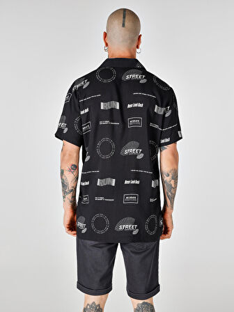 Regular Fit Baskılı Siyah Erkek Kısa Kol Gömlek