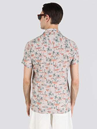 Regular Fit Baskılı Bej Erkek Kısa Kol Gömlek