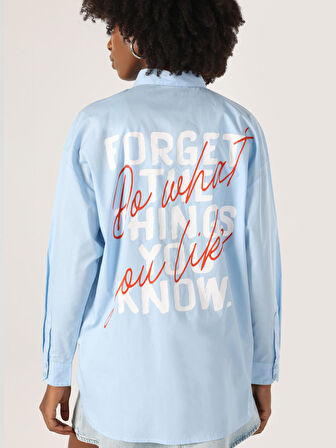 Regular Fit Baskılı Mavi Kadın Uzun Kol Gömlek