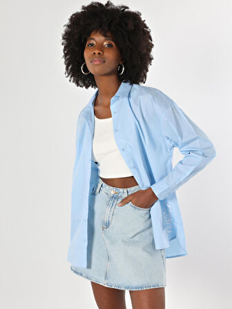 Regular Fit Baskılı Mavi Kadın Uzun Kol Gömlek