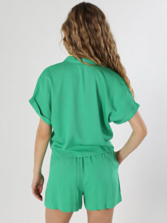 Regular Fit Shirt Neck Yeşil Kadın Kısa Kol Gömlek