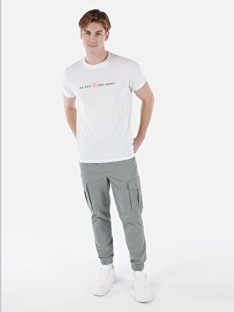 Normal Kesim Bisiklet Yaka Baskılı Beyaz Erkek Kısa Kol Tişört Cl1062935