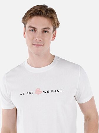 Normal Kesim Bisiklet Yaka Baskılı Beyaz Erkek Kısa Kol Tişört Cl1062935