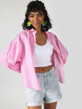 Regular Fit Çizgili Pembe Kadın Uzun Kol Gömlek