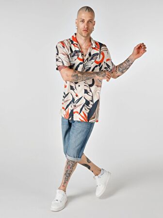Regular Fit Baskılı Bej Erkek Kısa Kol Gömlek