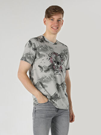 Regular Fit Bisiklet Yaka Kuru Kafa Baskılı Gri Erkek Kısa Kol Tişört